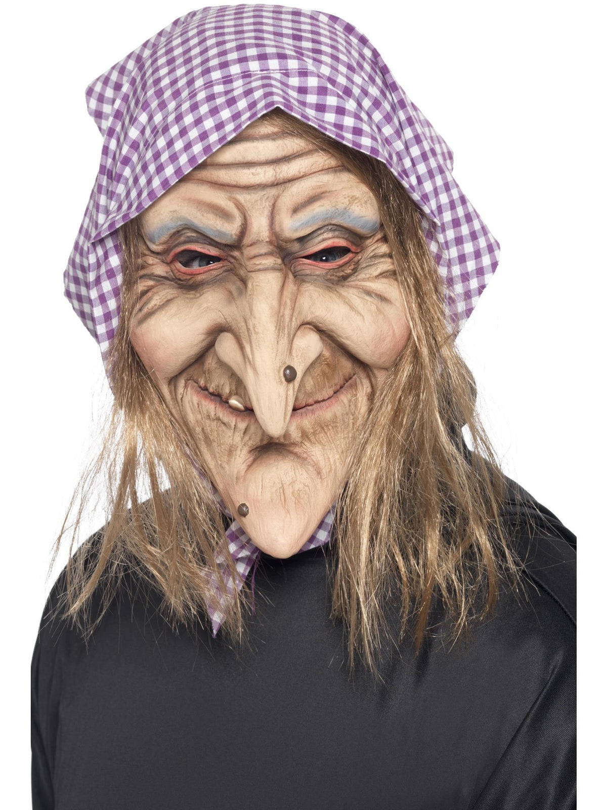 Old witch latex mask with wrinkled face, long nose, grey hair and purple checked headscarf