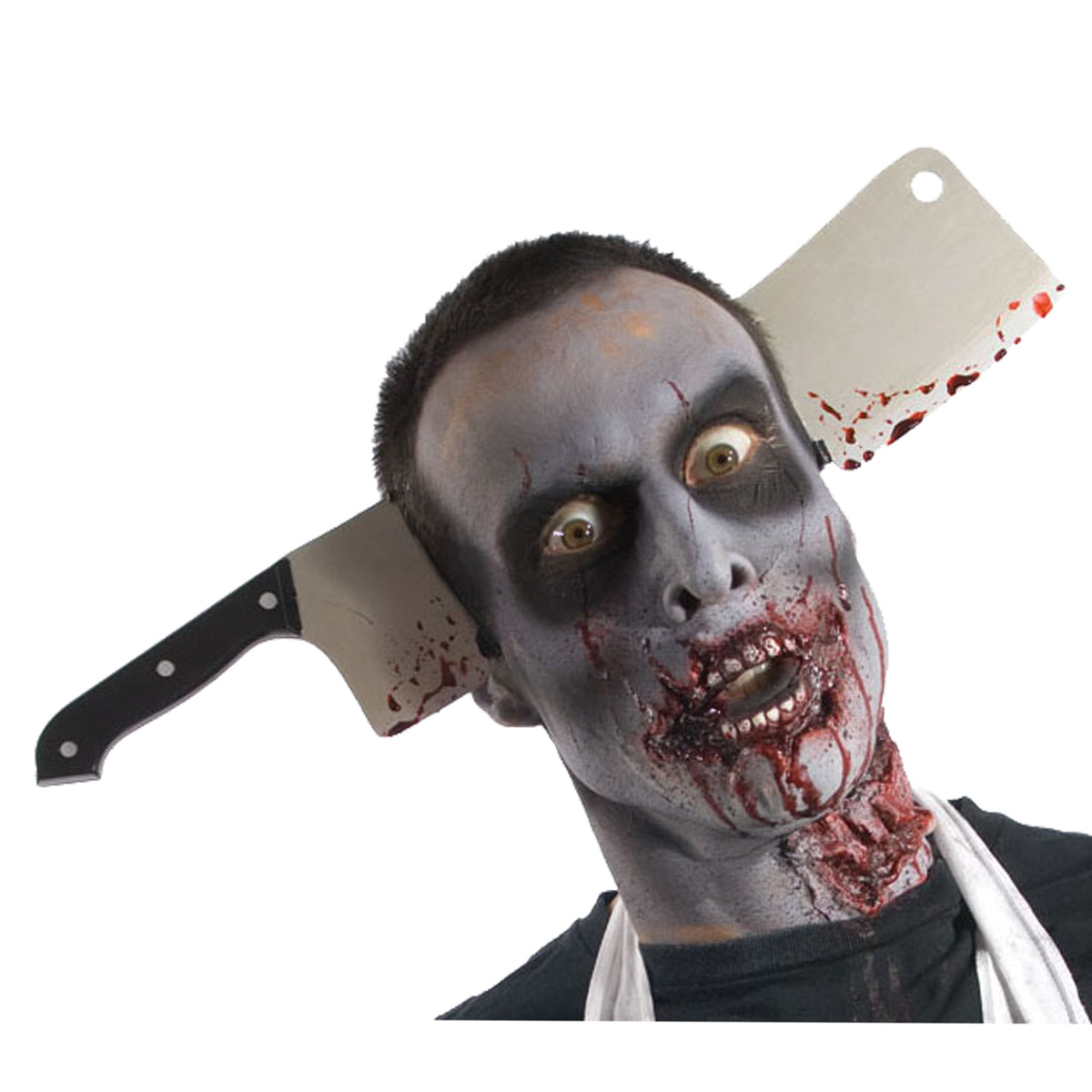 Man in zombie make-up wearing a bloody cleaver-through-head headband