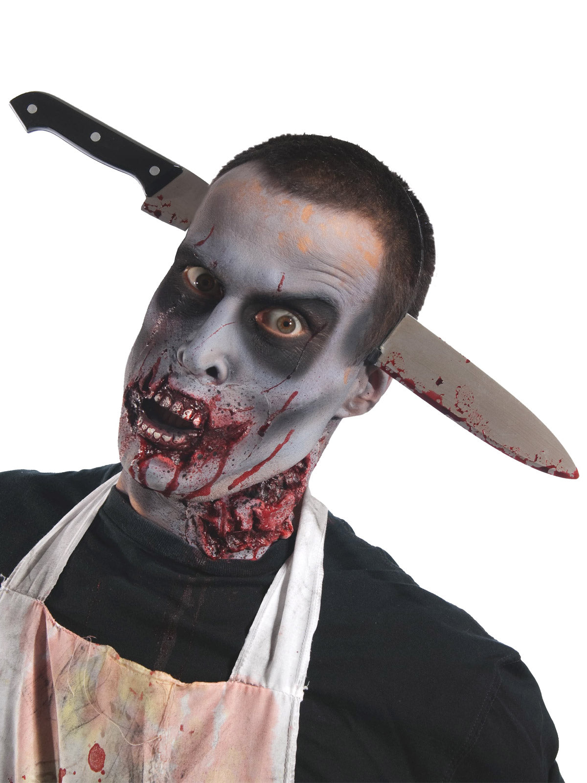 Man in zombie make-up wearing a bloody kitchen knife-through-head headband