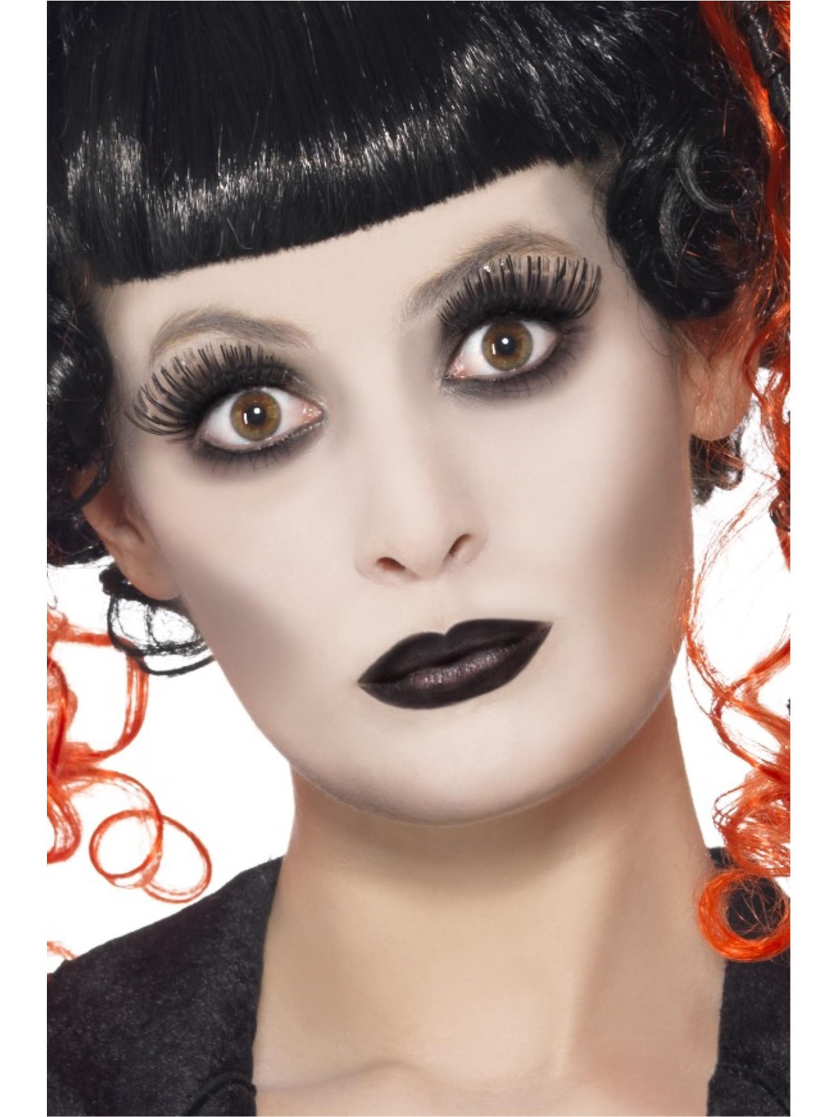 Woman with pale gothic make-up, dark eyes and black lipstick created with the set