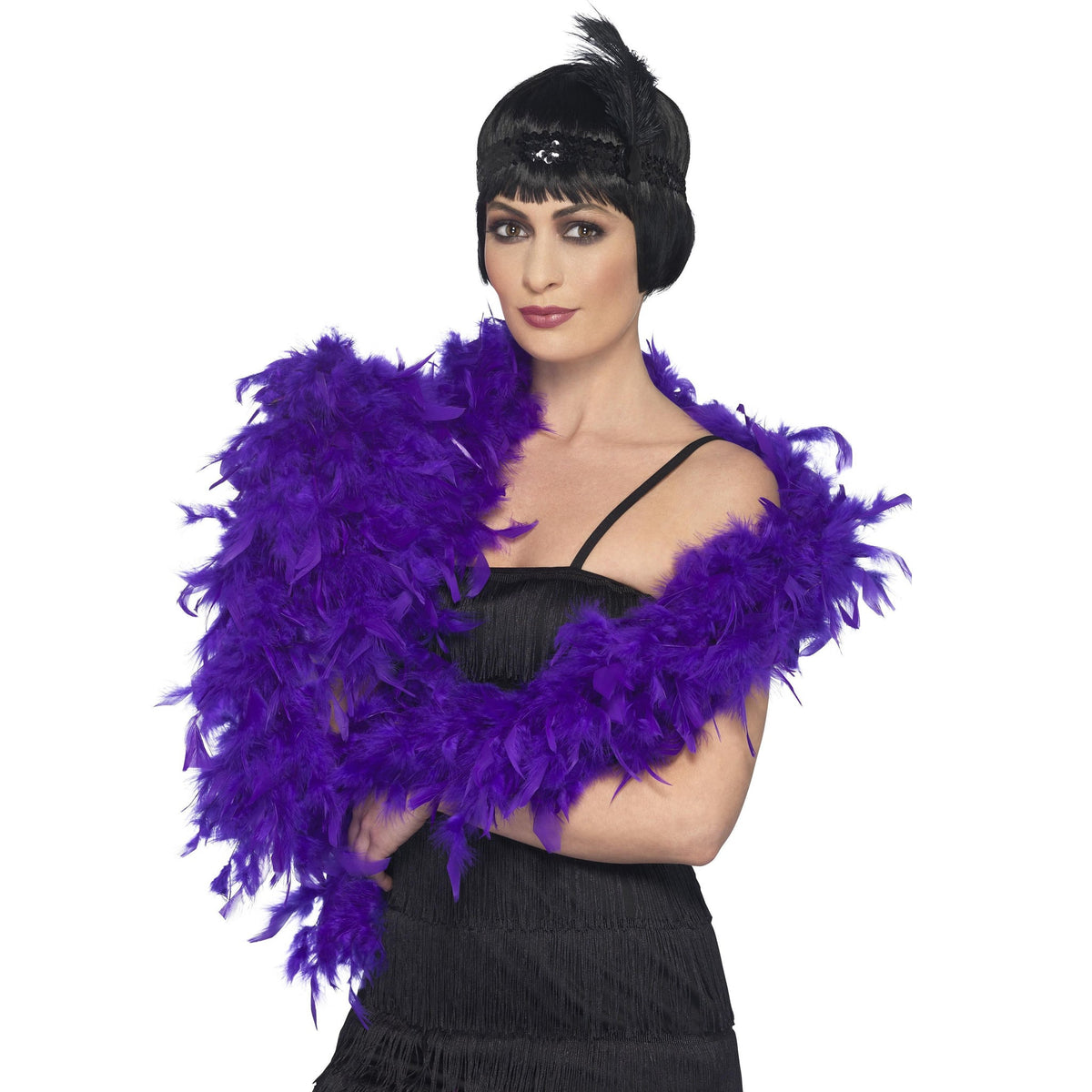 Woman wearing a deluxe purple feather boa draped around her shoulders