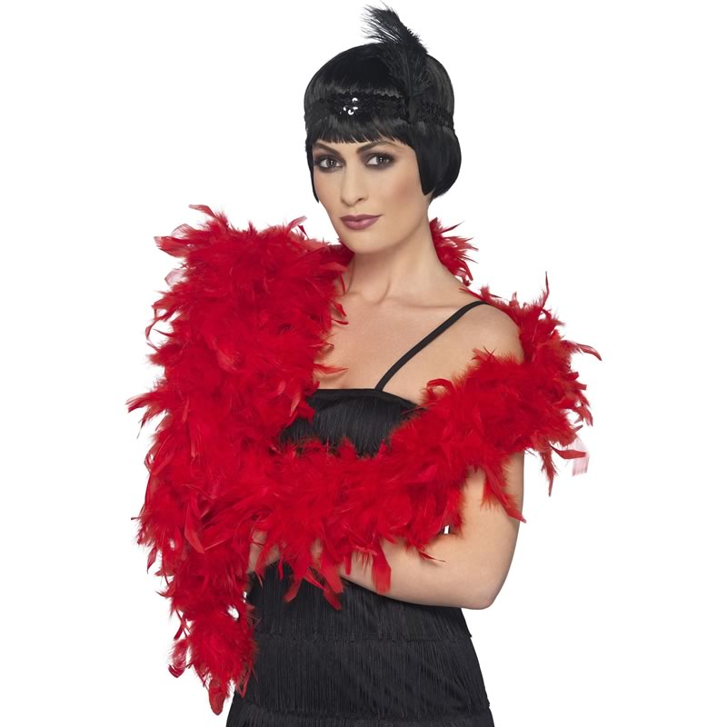 Woman wearing a deluxe red feather boa draped around her shoulders