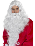 Man wearing a long curly white Santa wig and extra-long curly beard