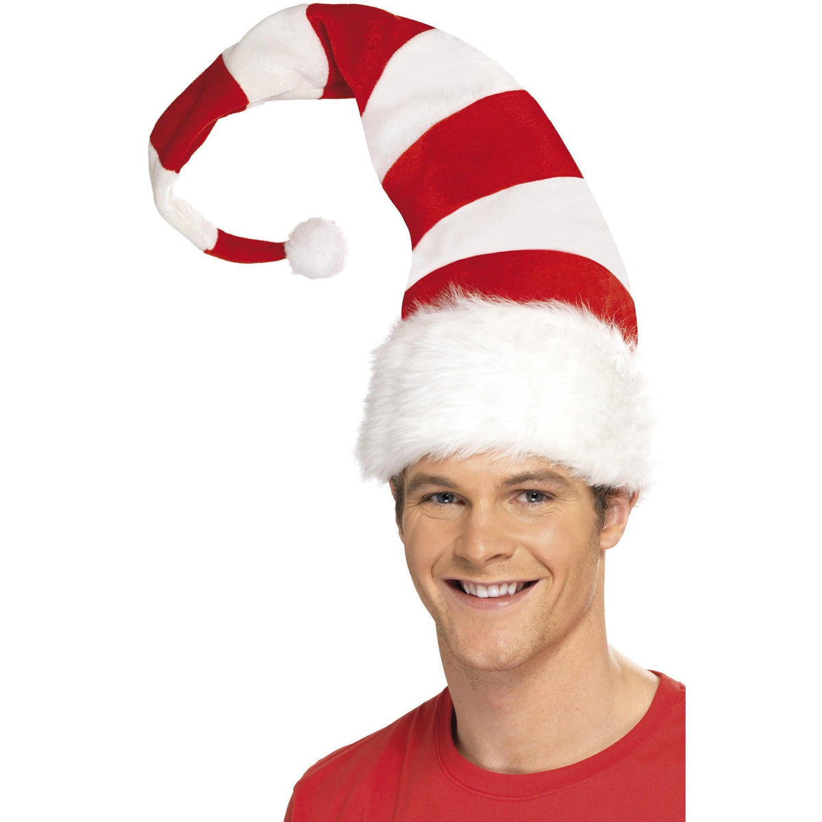 Man wearing a long curled red and white striped Santa hat with pom pom