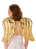 Back view of a woman wearing shiny gold padded wings