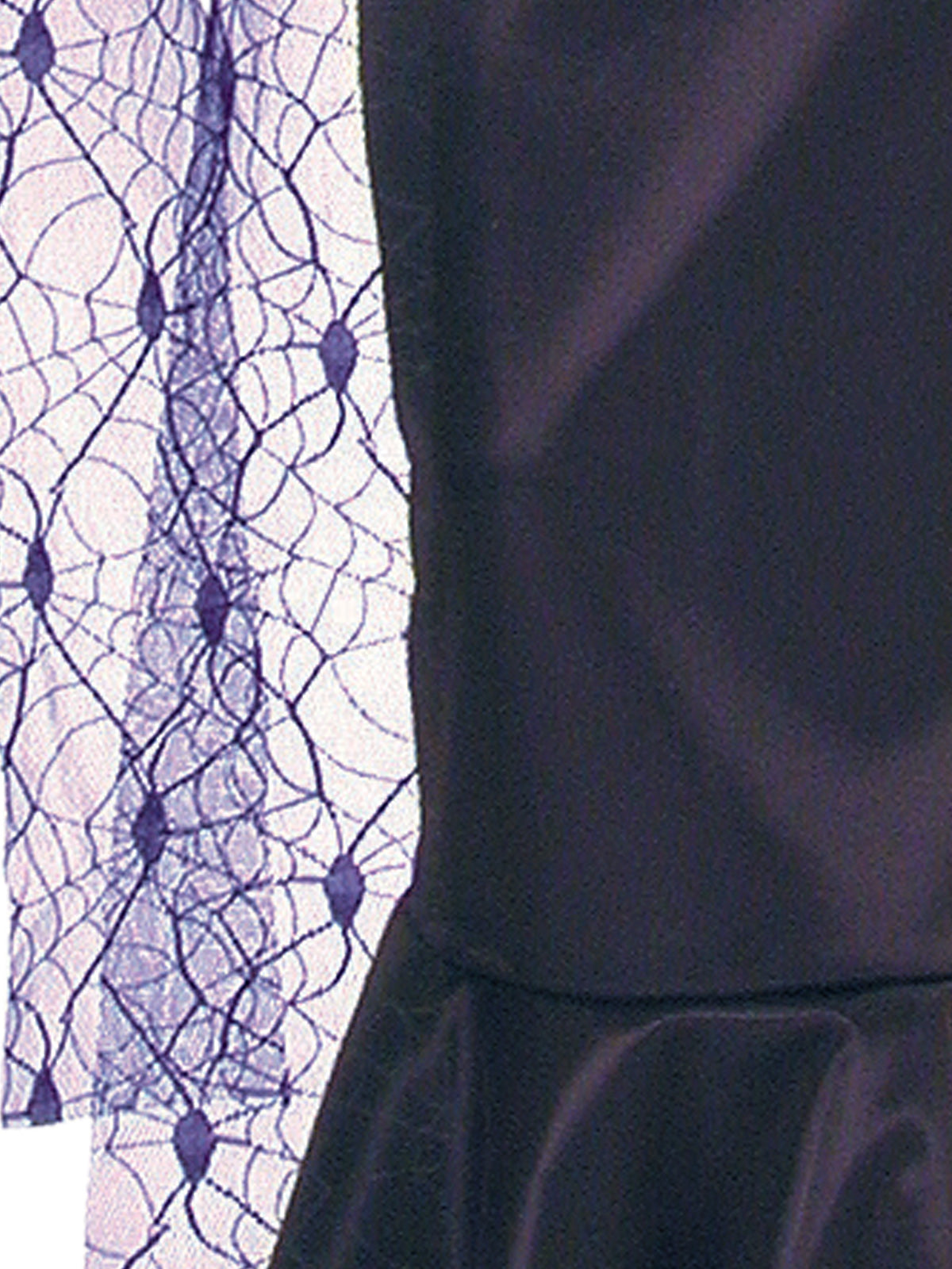 Close-up of the Morticia dress satin skirt and draped spiderweb lace sleeve panel