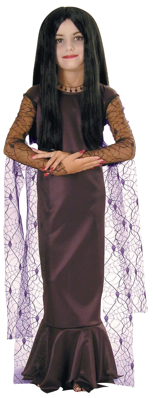 Girl in The Addams Family Morticia costume, a long black satin mermaid dress with spiderweb lace sleeves