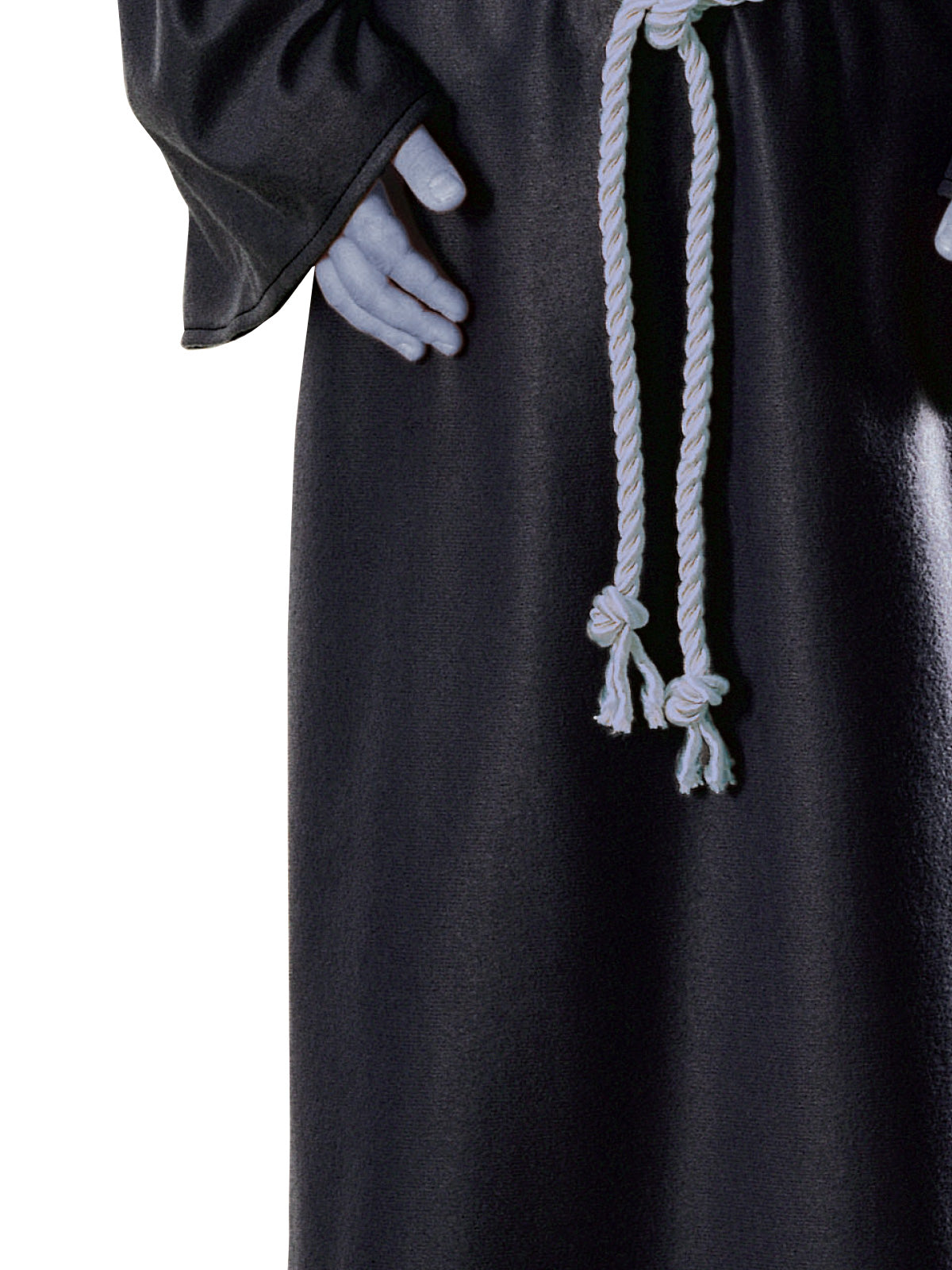 Close-up of the Uncle Fester robe's grey rope-look belt and trumpet sleeve