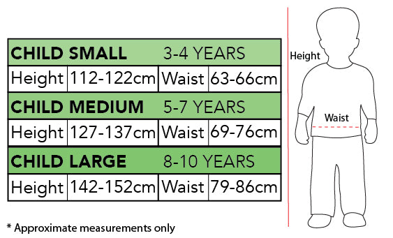 Size chart for the Uncle Fester Costume, Child