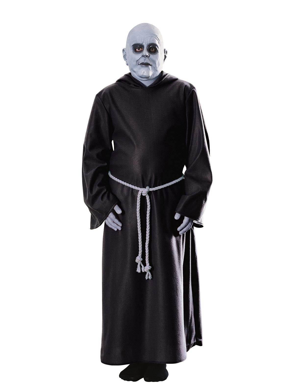 Child in an Uncle Fester costume with long dark hooded robe, trumpet sleeves, rope belt and bald latex mask