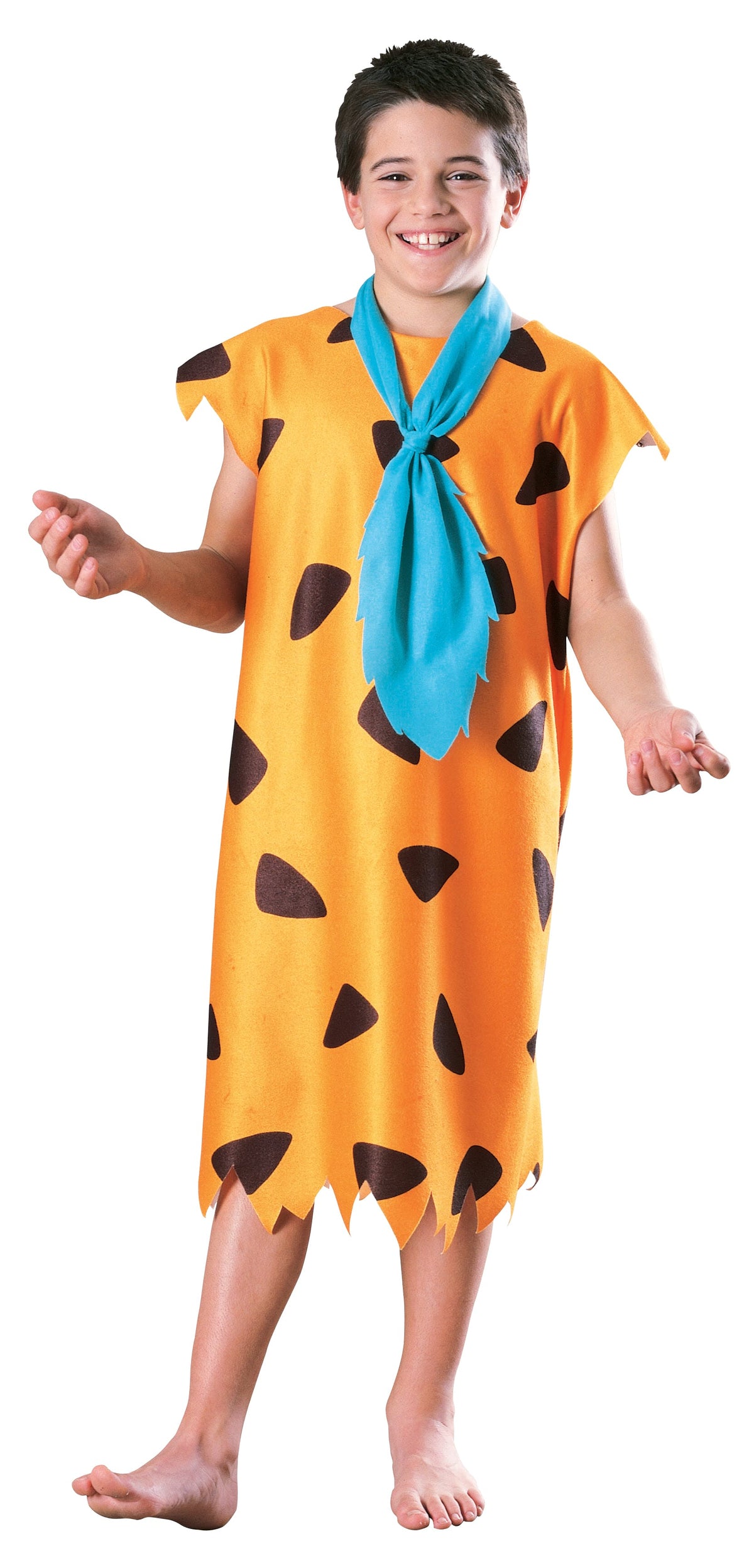 Boy in the Flintstones Fred Flintstone costume with an orange spotted tunic and blue tie