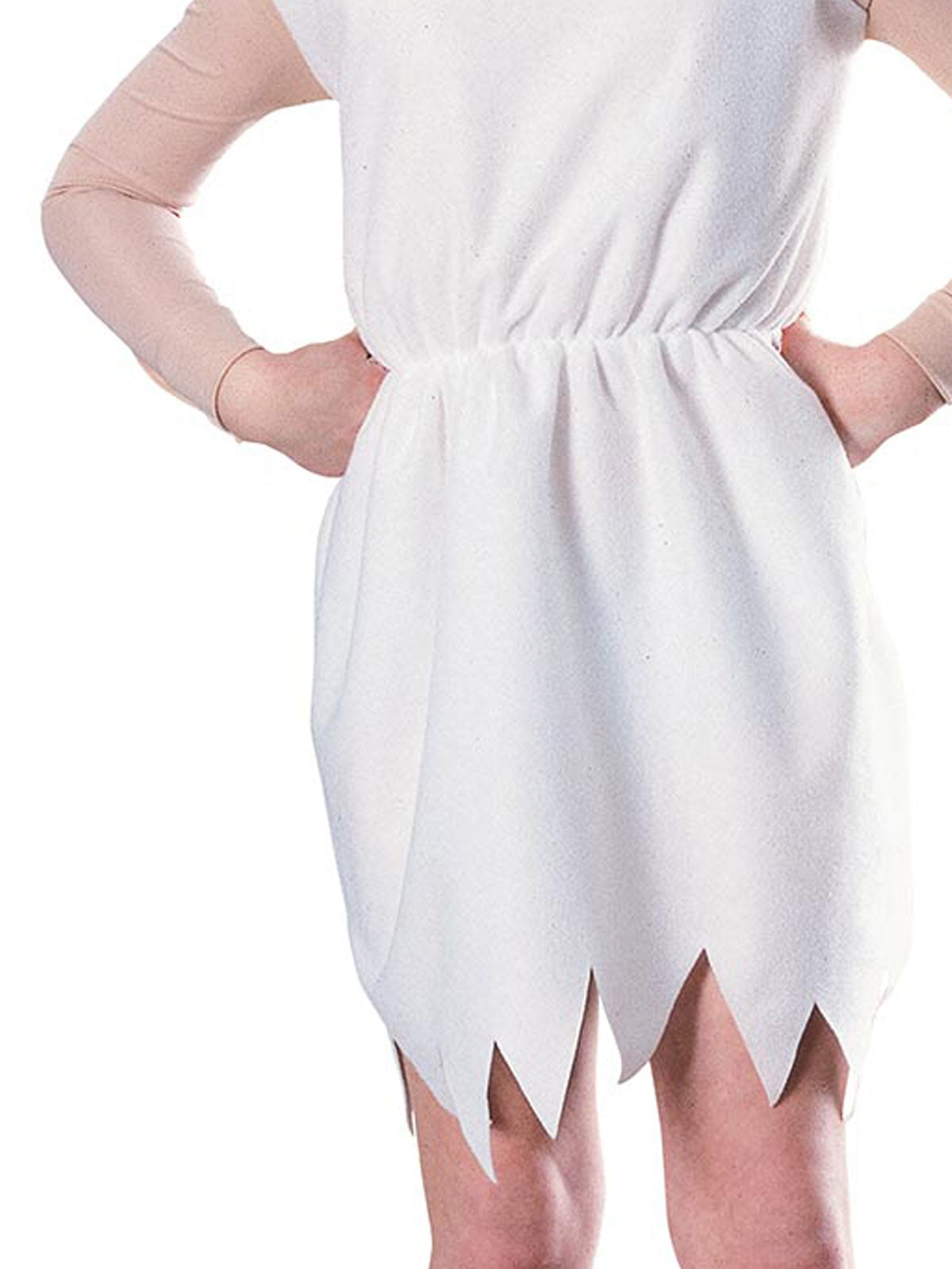 Close-up of the Wilma Flintstone white dress's gathered waist and zigzag hemline