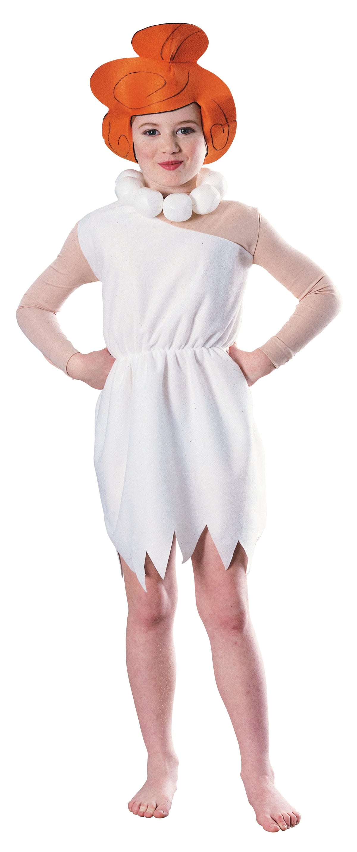 Girl wearing a white Wilma Flintstone dress with zigzag hem, illusion sleeves, orange bun headpiece and pebble necklace