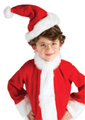 Boy in a Santa outfit wearing gold rectangle-frame Santa glasses