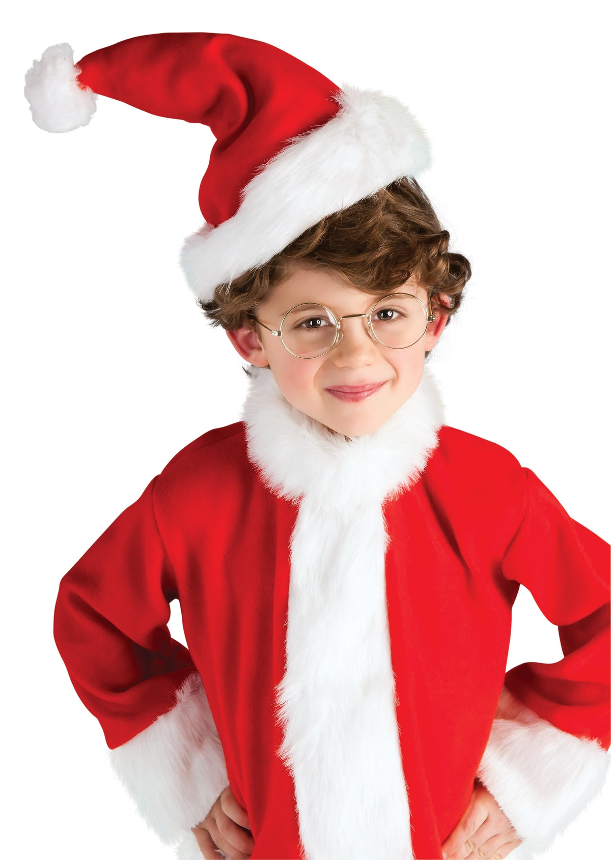 Boy in a Santa outfit wearing gold rectangle-frame Santa glasses