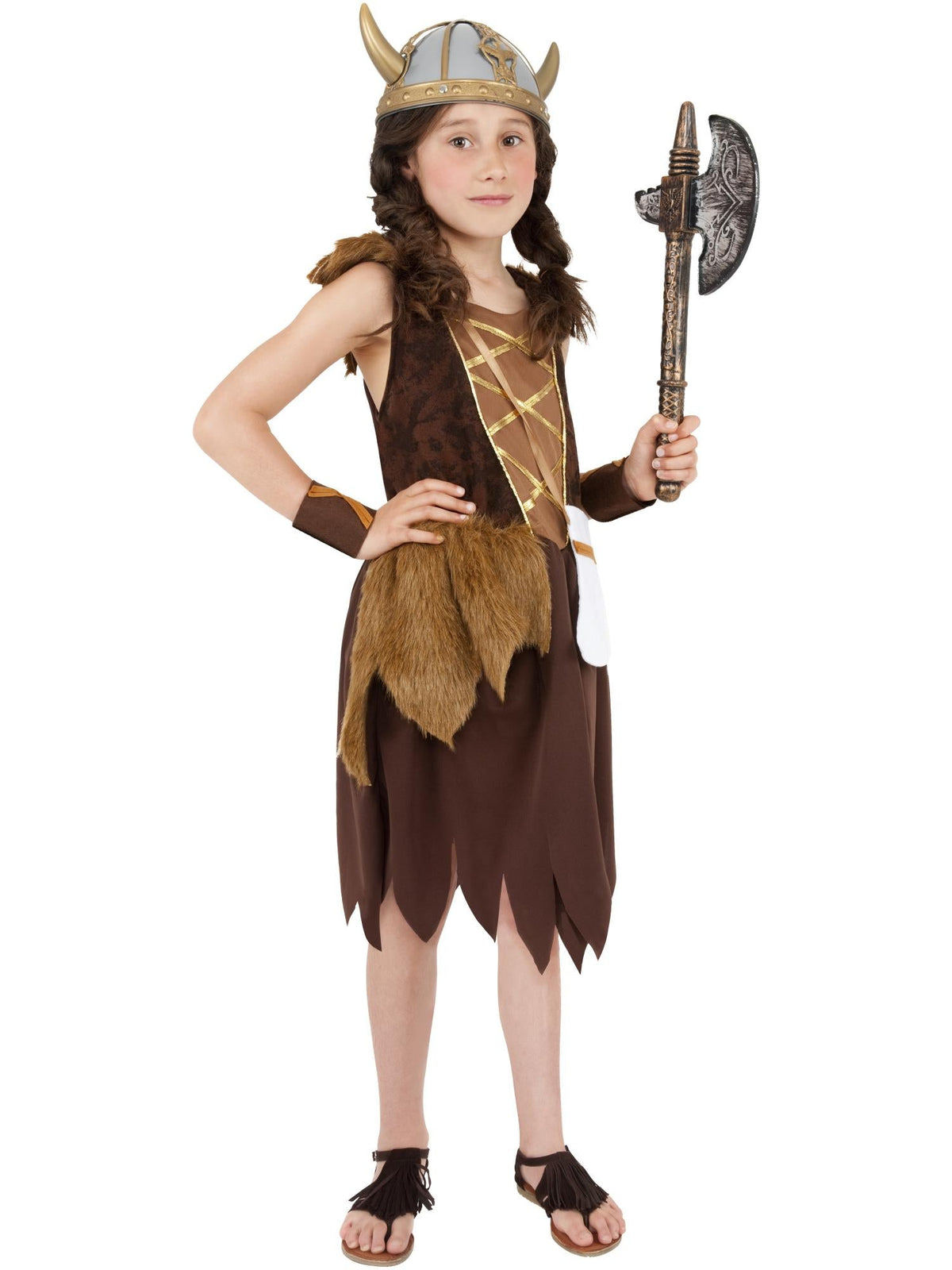Girl wearing a brown Viking girl dress with jagged hem, faux fur trim and wrist cuffs