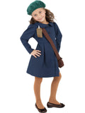 Girl wearing a WWII evacuee costume with navy old-fashioned dress, rounded collar, green beret and satchel with ID tag