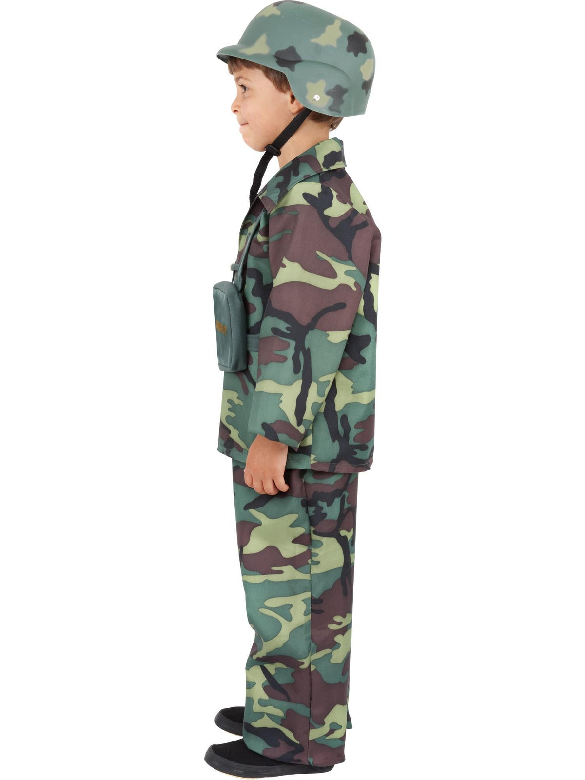 Side view of the camouflage army boy jacket, pants and backpack