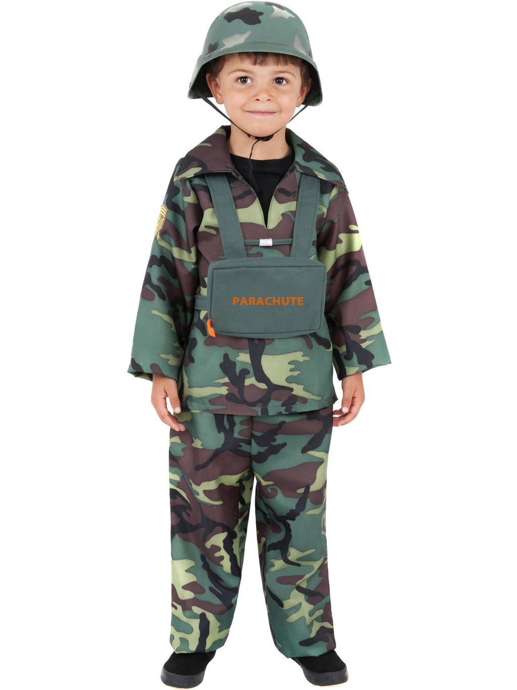 Boy in camouflage army jacket and pants with parachute-print backpack