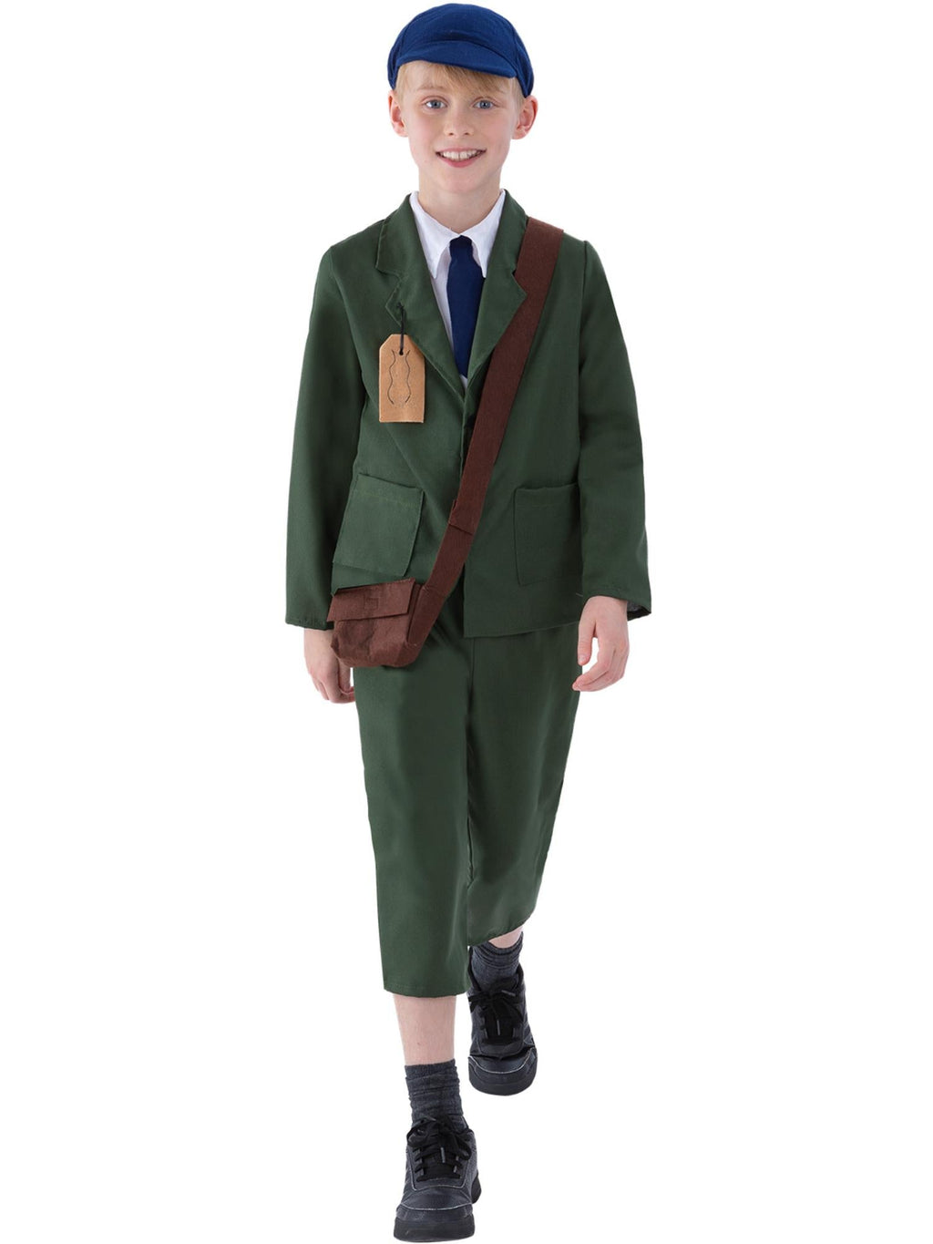 Boy walking in the green WWII evacuee jacket and shorts with satchel and blue peaked cap