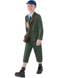 Boy wearing a WWII evacuee costume with green jacket, 3/4 pants, peaked cap and satchel with ID tag