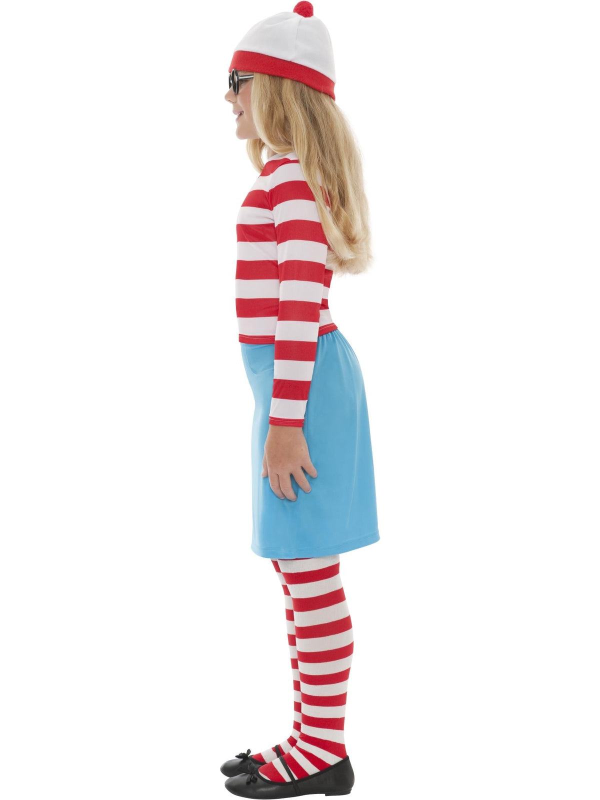 Side view of the Where's Wally? Wenda Costume, Child