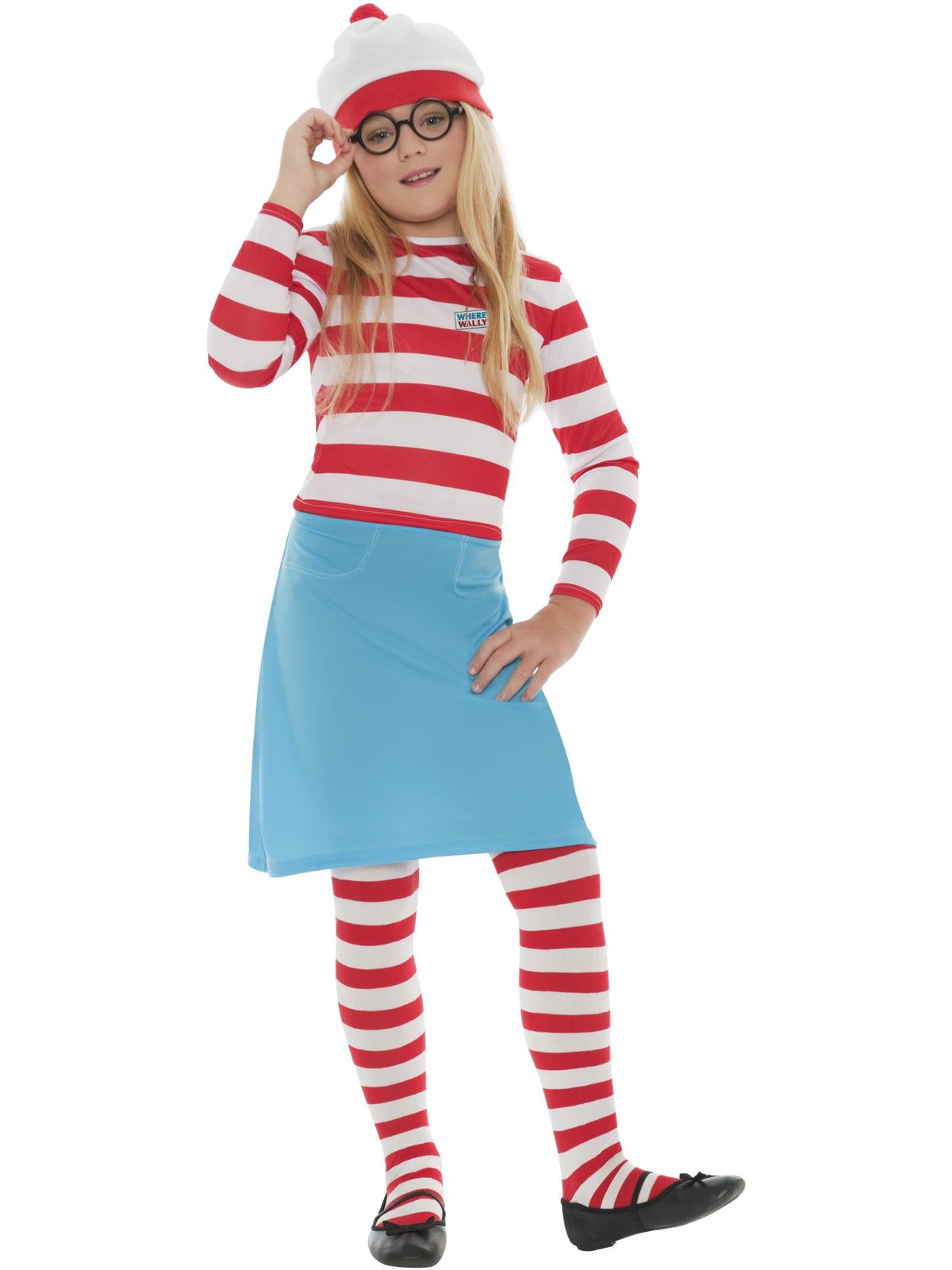 Girl wearing a Where's Wally Wenda costume with red and white striped top, blue skirt, striped beanie and glasses
