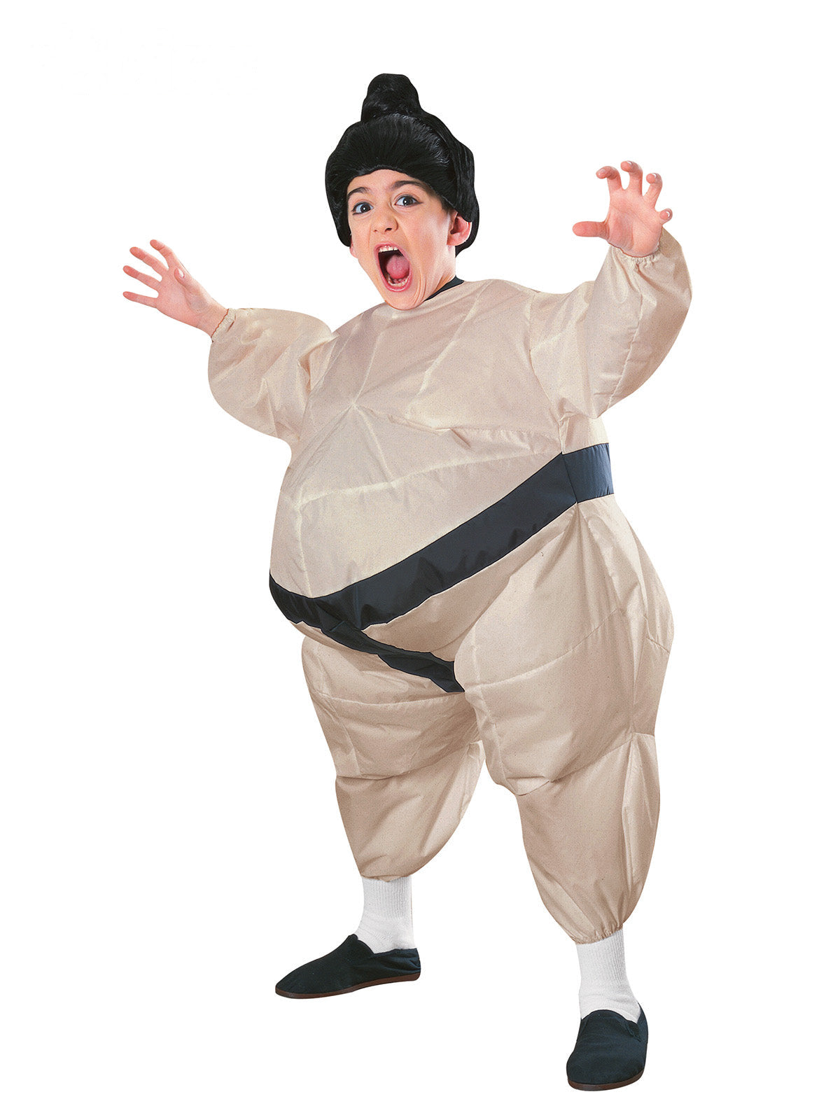 Child in the inflatable Sumo wrestler costume with a beige oversized body, black printed belt and black topknot headpiece