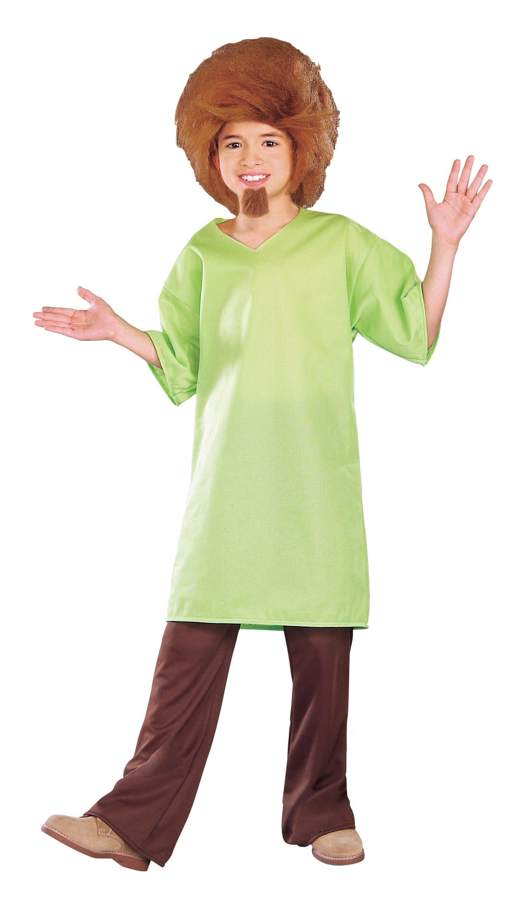 Child in a Shaggy costume with oversized green V-neck tunic, brown flared pants, shaggy wig and goatee