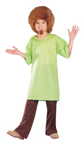 Child in a Shaggy costume with oversized green V-neck tunic, brown flared pants, shaggy wig and goatee