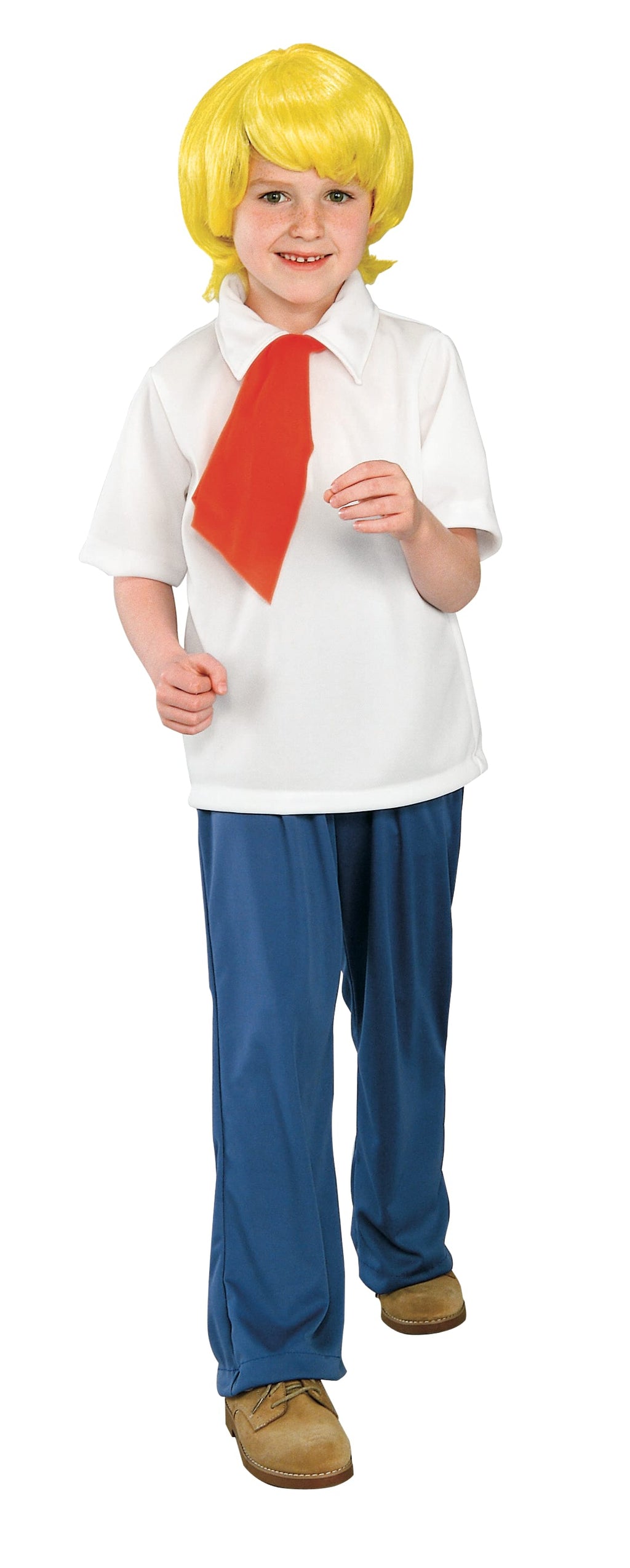 Boy in the Scooby-Doo Fred Jones costume with a blonde wig, white shirt, orange ascot and blue pants