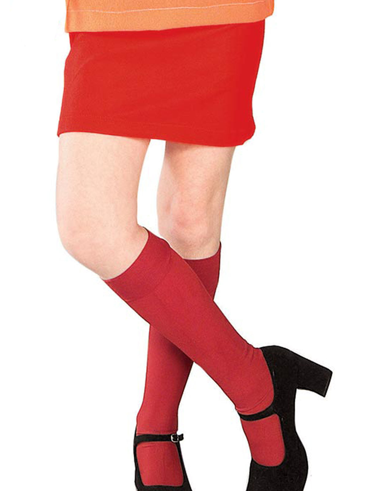 Close-up of the Velma red mini skirt with elastic waist