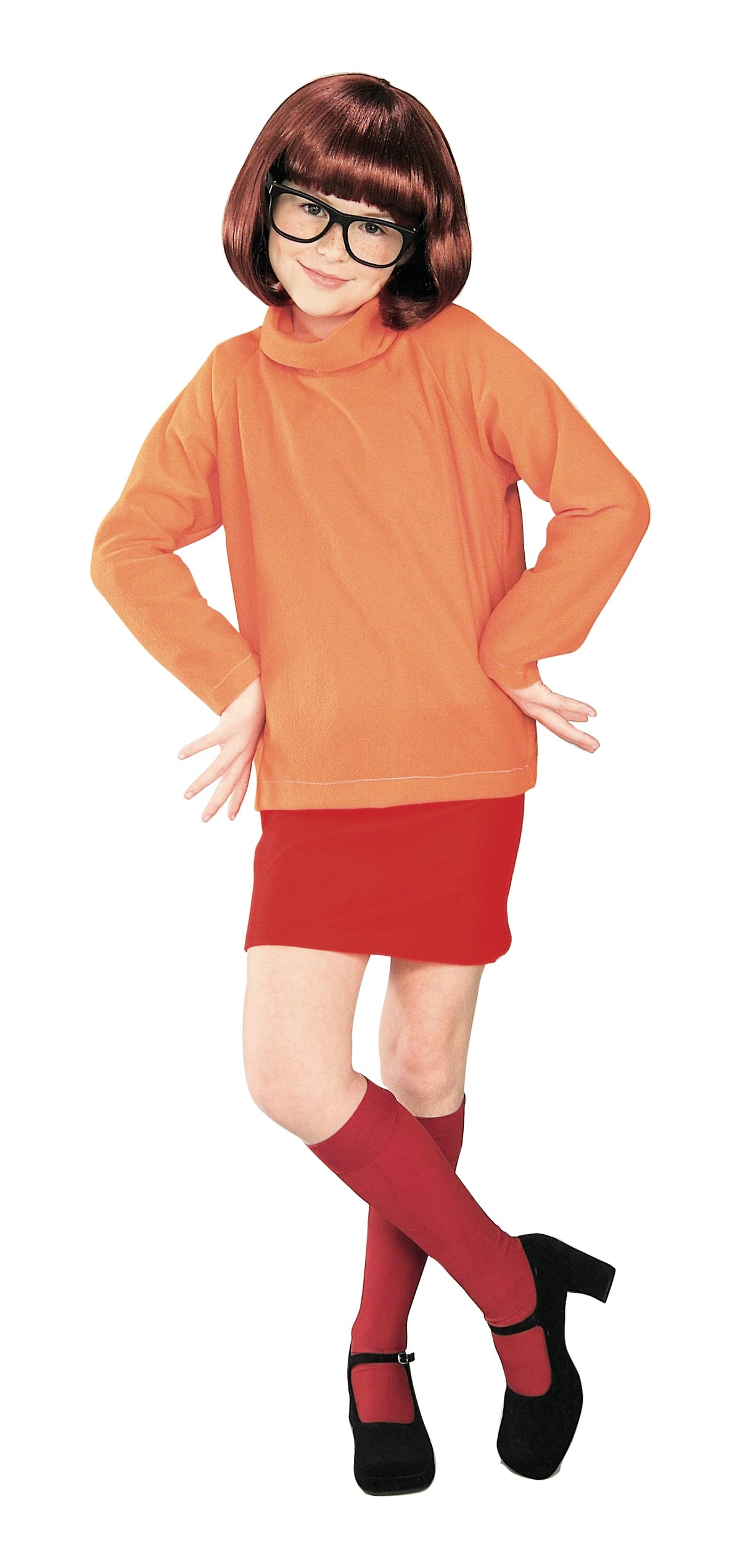 Girl wearing a Velma costume with orange turtleneck skivvy, red mini skirt, brown bob wig and square glasses