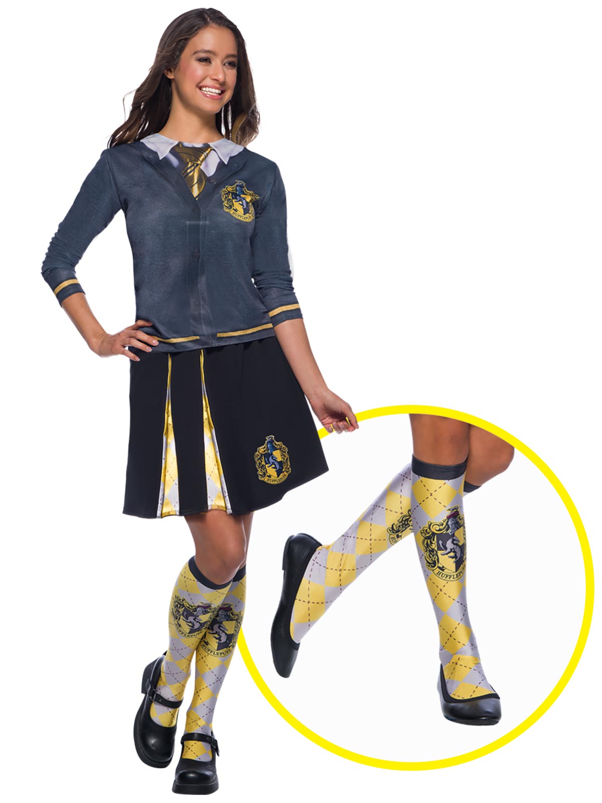 Girl wearing knee-high yellow and grey Hufflepuff socks with emblems