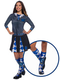Woman wearing knee-high blue and grey Ravenclaw socks with emblems