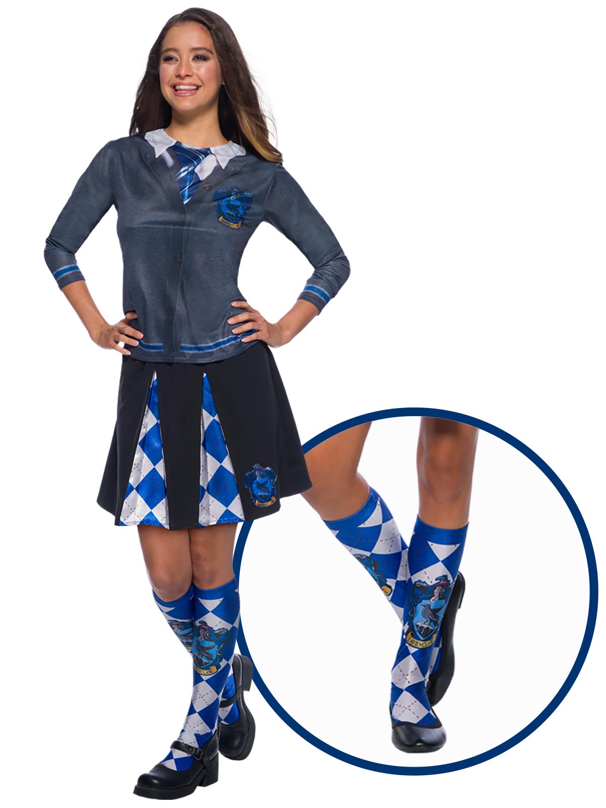 Woman wearing knee-high blue and grey Ravenclaw socks with emblems