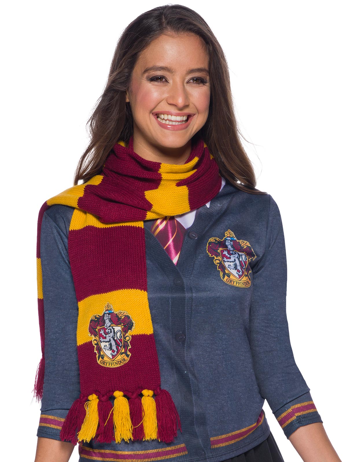 Woman wearing a red and gold striped Gryffindor scarf with embroidered crest and tasselled ends