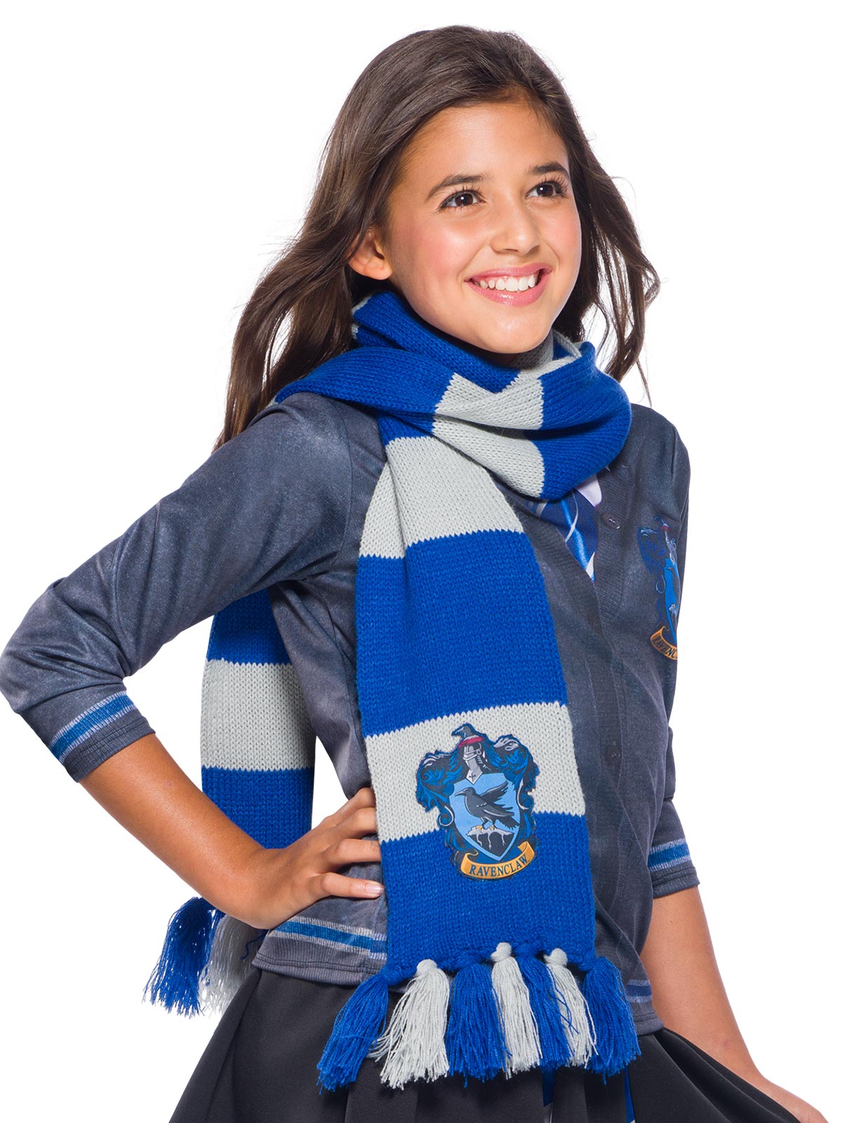 Girl wearing a blue and grey striped Ravenclaw knit scarf with house emblem