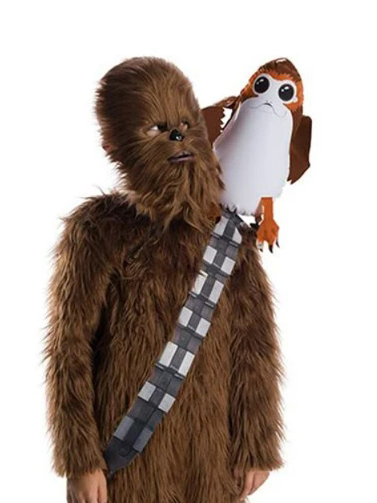 Moulded Porg figure sitting on the shoulder of a Wookiee costume