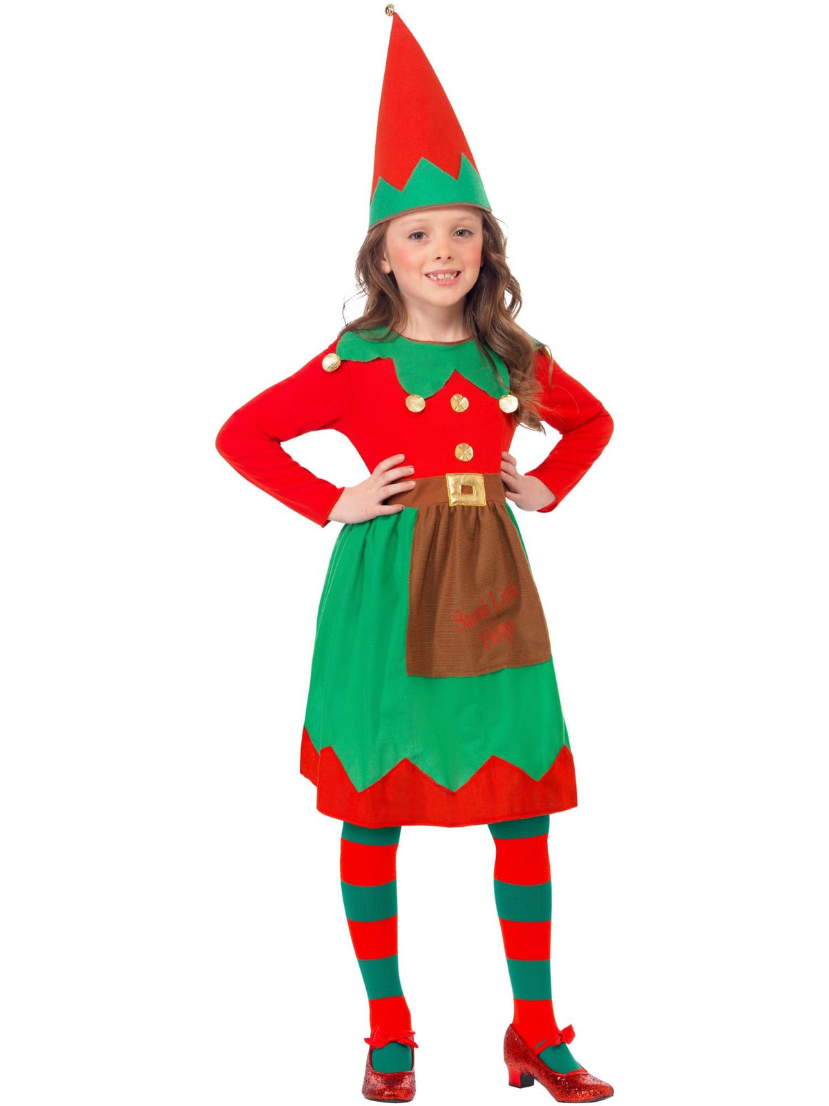 Girl in the Santa's Little Helper elf dress with zigzag hem, sewn-on belt and matching hat