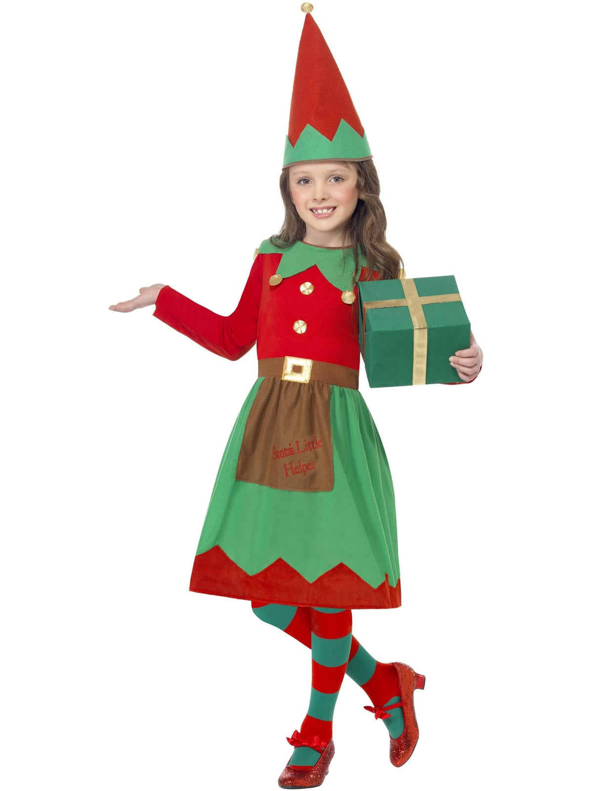 Girl wearing a red and green Santa's Little Helper elf dress with gold buttons, belt and pointed elf hat