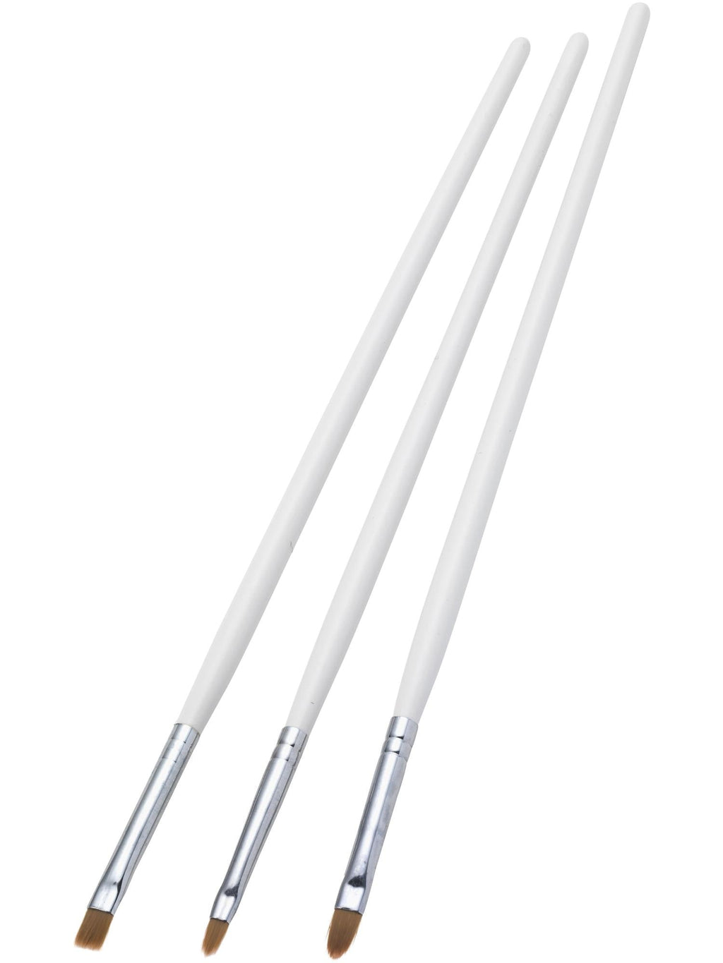 Three white-handled make-up brushes in different tip shapes