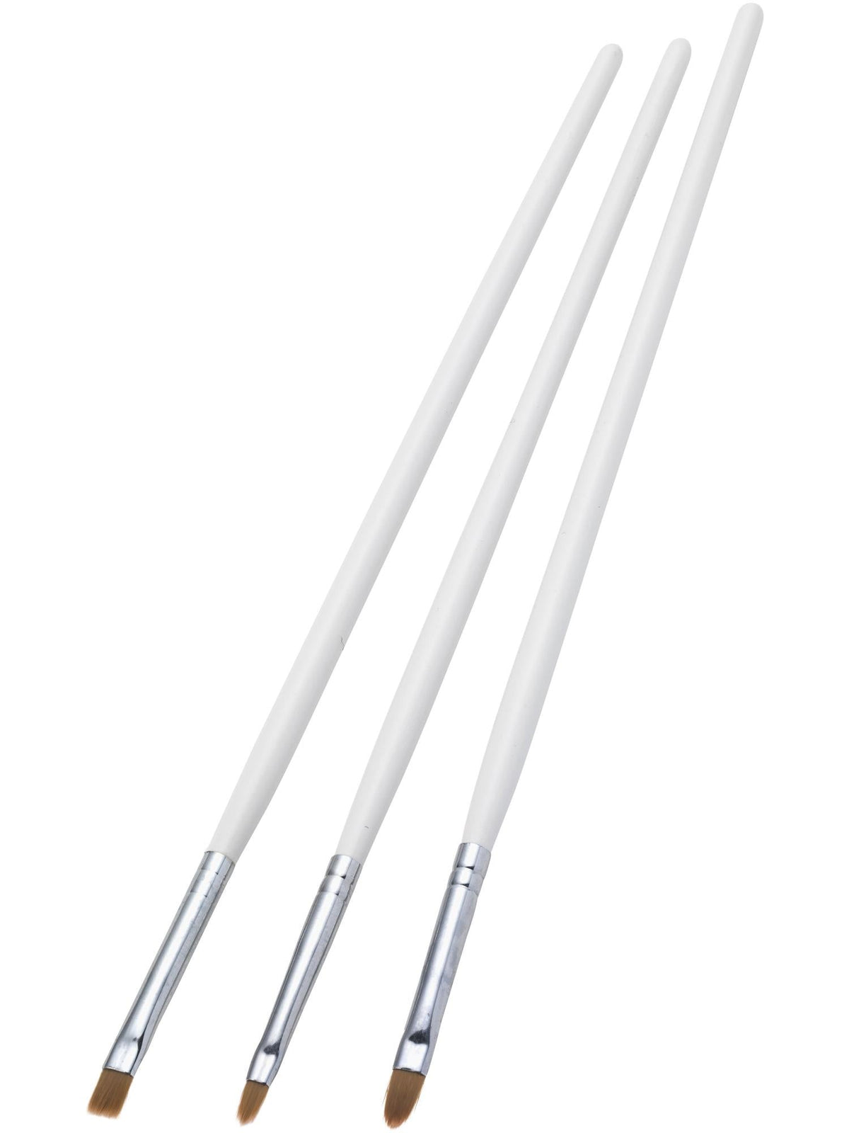 Three white-handled make-up brushes in different tip shapes
