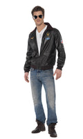 Man wearing a dark brown Top Gun bomber jacket with patches