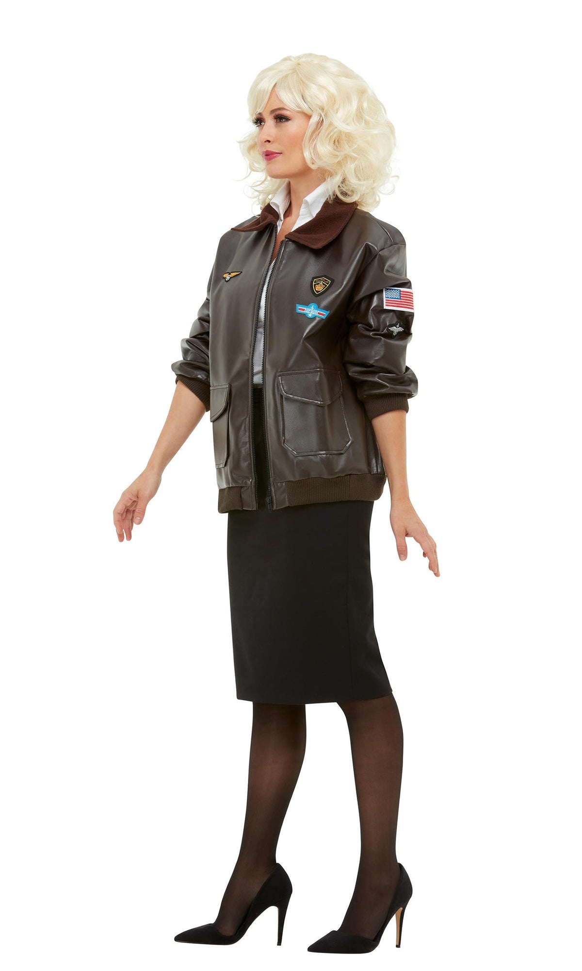 Top Gun bomber jacket on a woman, side view