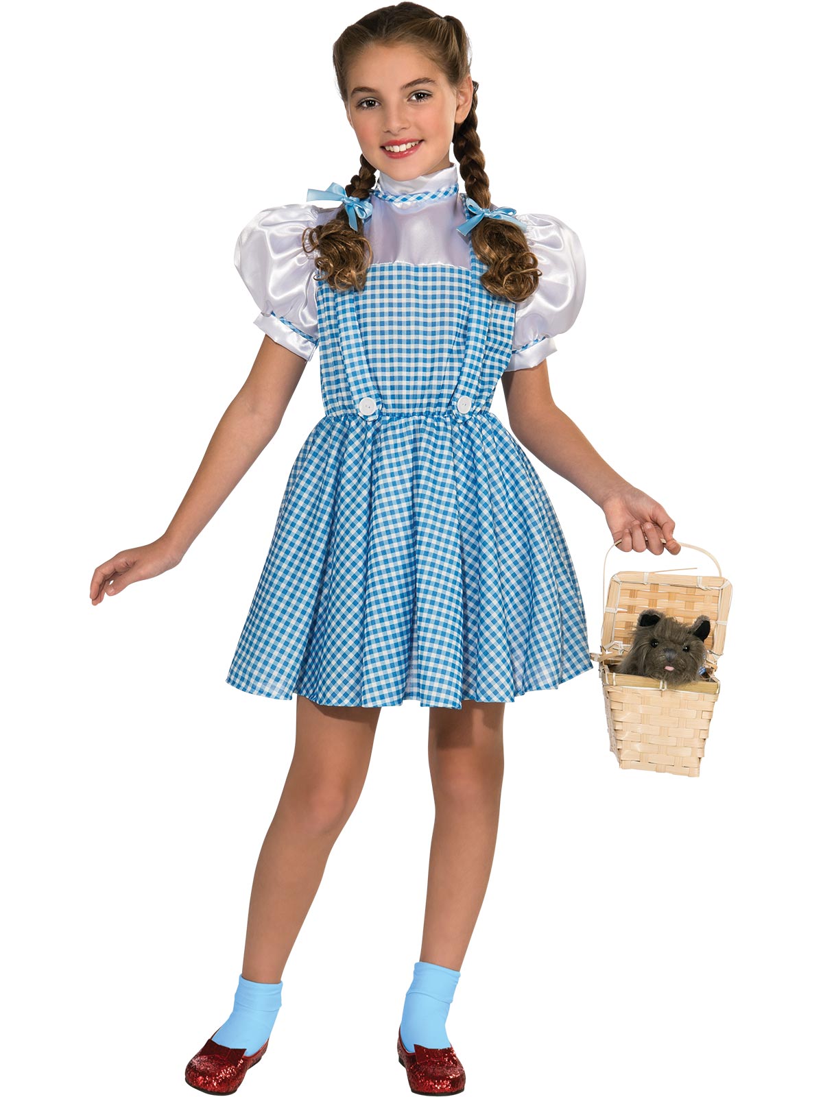 Girl in Dorothy costume with blue gingham pinafore dress, white puff sleeves and hair bows