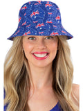 Woman wearing a blue Australia flag print bucket hat