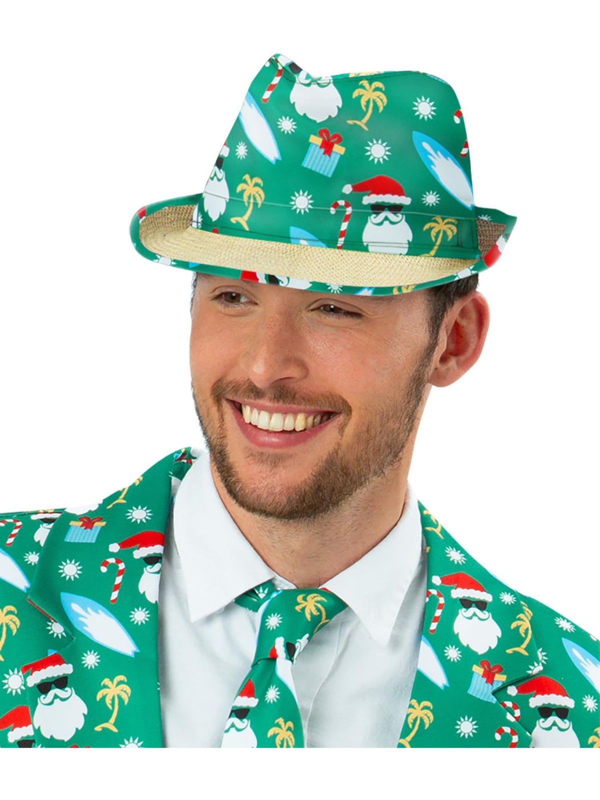 Man wearing a green Aussie Christmas print trilby hat