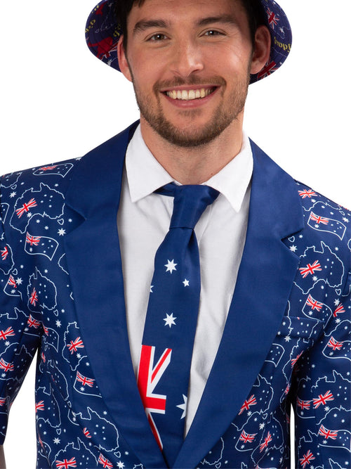 Man wearing a navy Australia flag satin tie with white stars