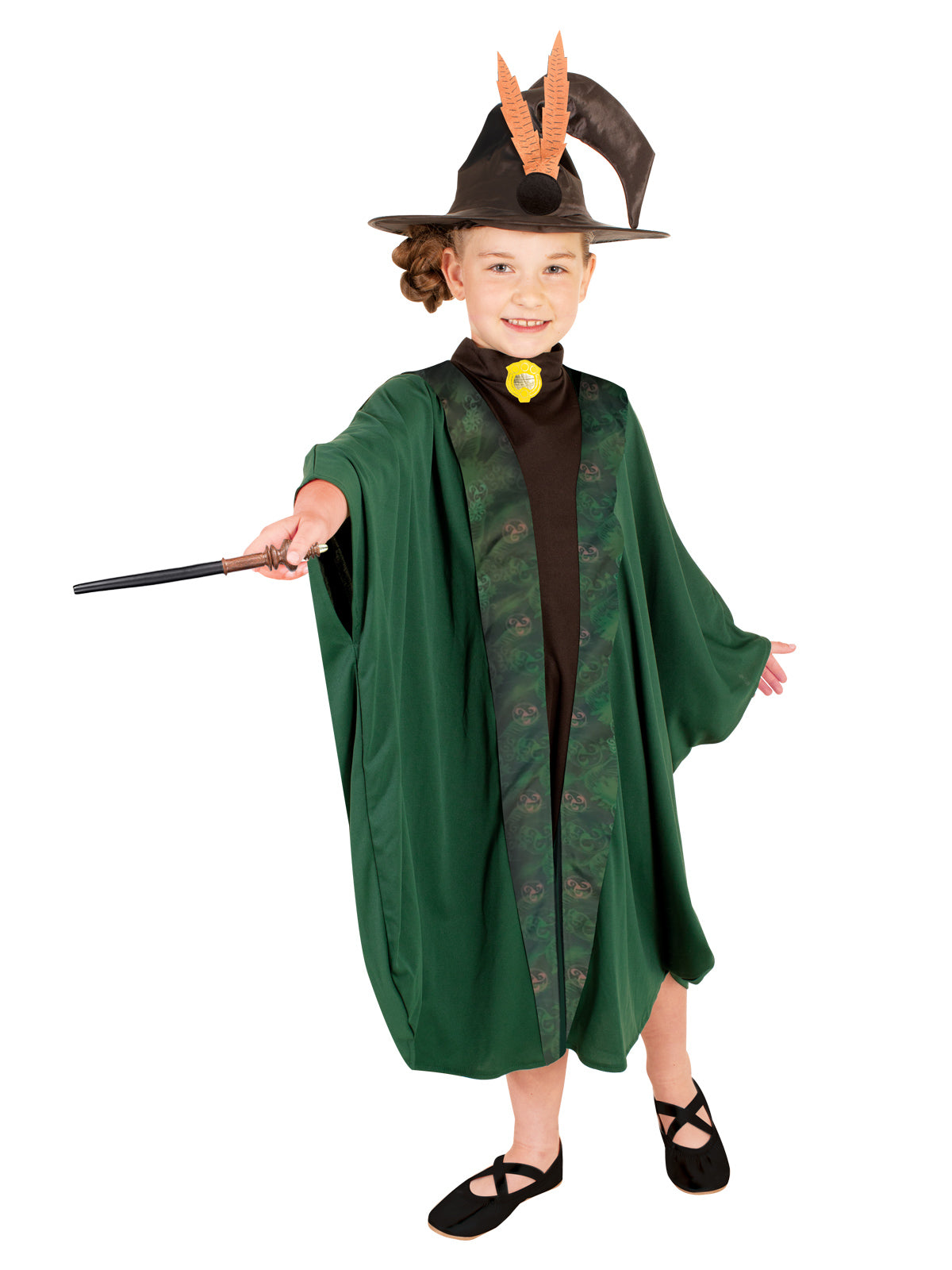 Girl wearing a green Professor McGonagall robe with brooch and pointed witch hat with feather
